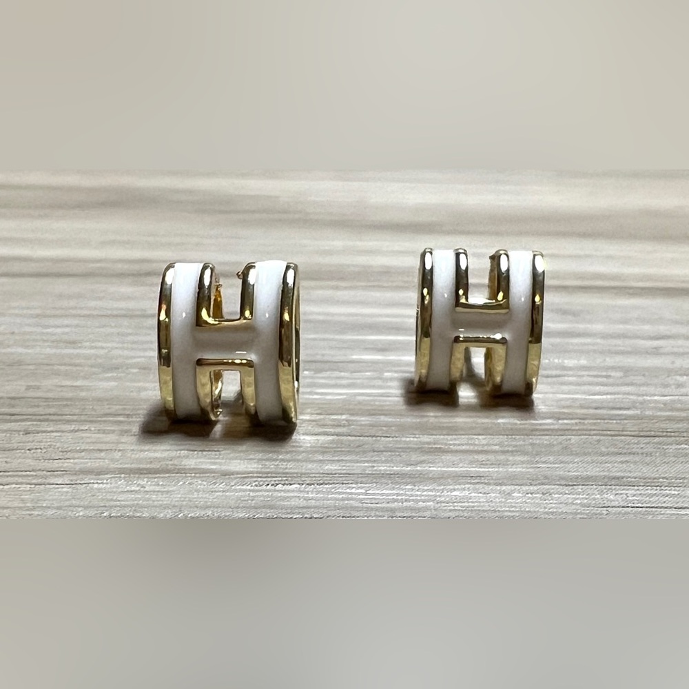 18K Yellow Gold Plated Over Sterling Silver White Enamel H Stud Earrings